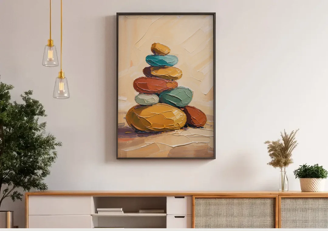 Mid Century Modern Abstract Ochre Pebble Cairn canvas wall art above a wooden sideboard under pendant lights