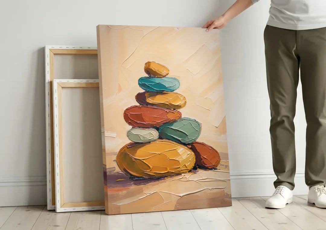 Mid Century Modern Abstract Ochre Pebble Cairn canvas wall art leaning against a wall next to blank canvases
