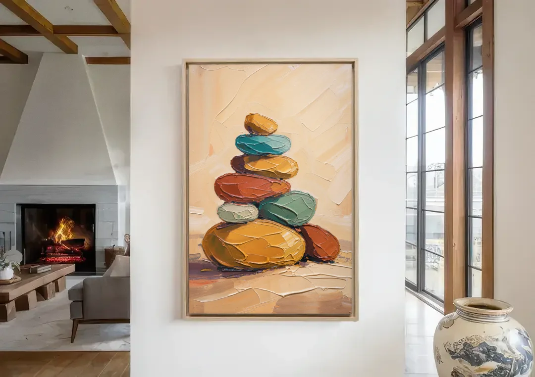 Mid Century Modern Abstract Ochre Pebble Cairn canvas wall art in a living room with a fireplace