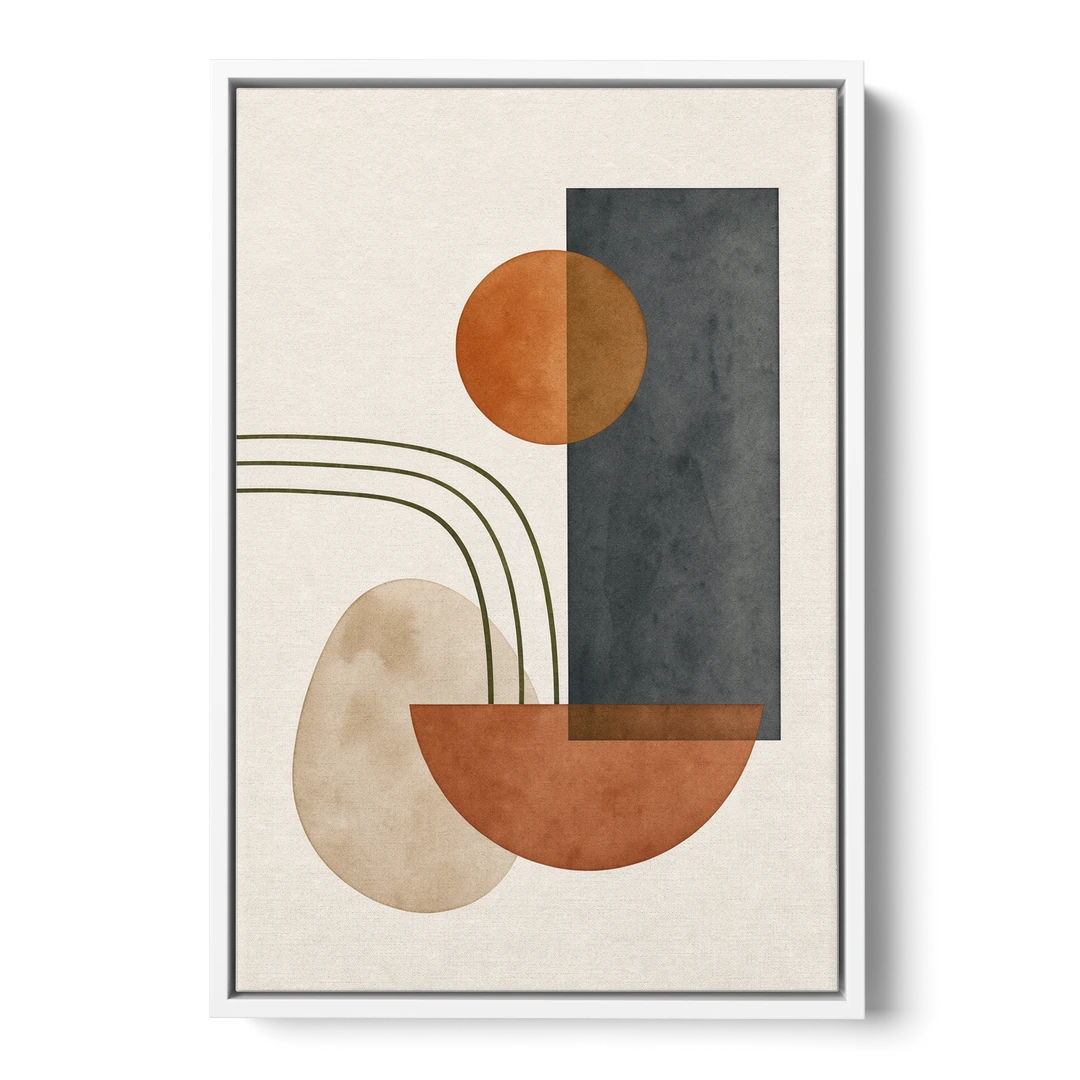 Mid Century Modern Abstract Painting with Slate Slab - White Framed Canvas Wall Art - Front