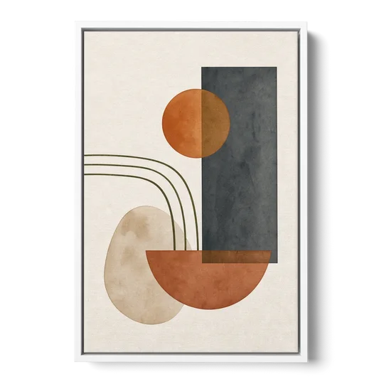Mid Century Modern Abstract Painting with Slate Slab - White Framed Canvas Wall Art - Front
