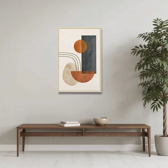 Mid Century Modern Abstract Painting with Slate Slab - Oak Framed Canvas Wall Art - Coffee Table - 24x36