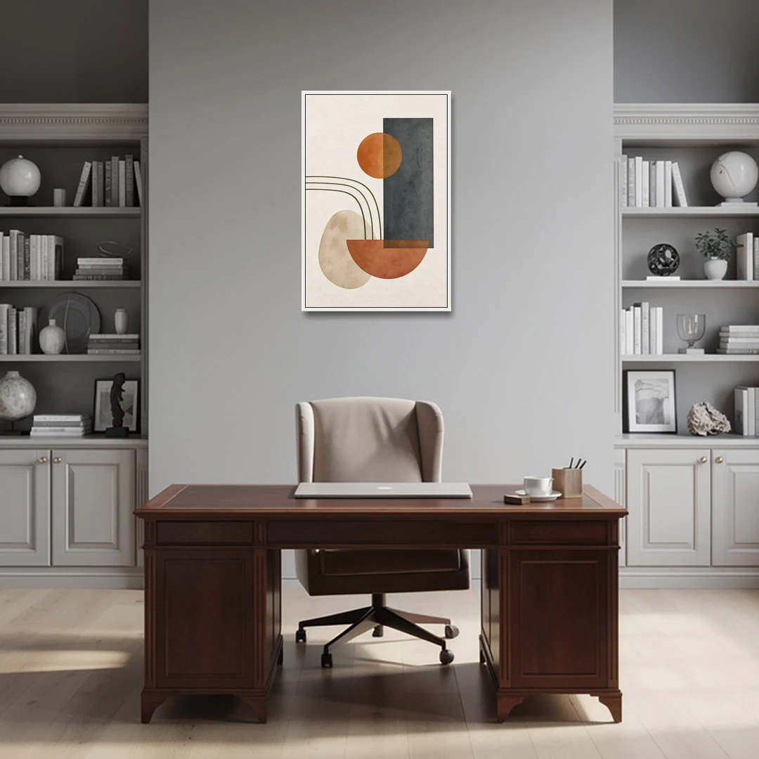 Mid Century Modern Abstract Painting with Slate Slab - White Framed Canvas Wall Art - Office - 24x36