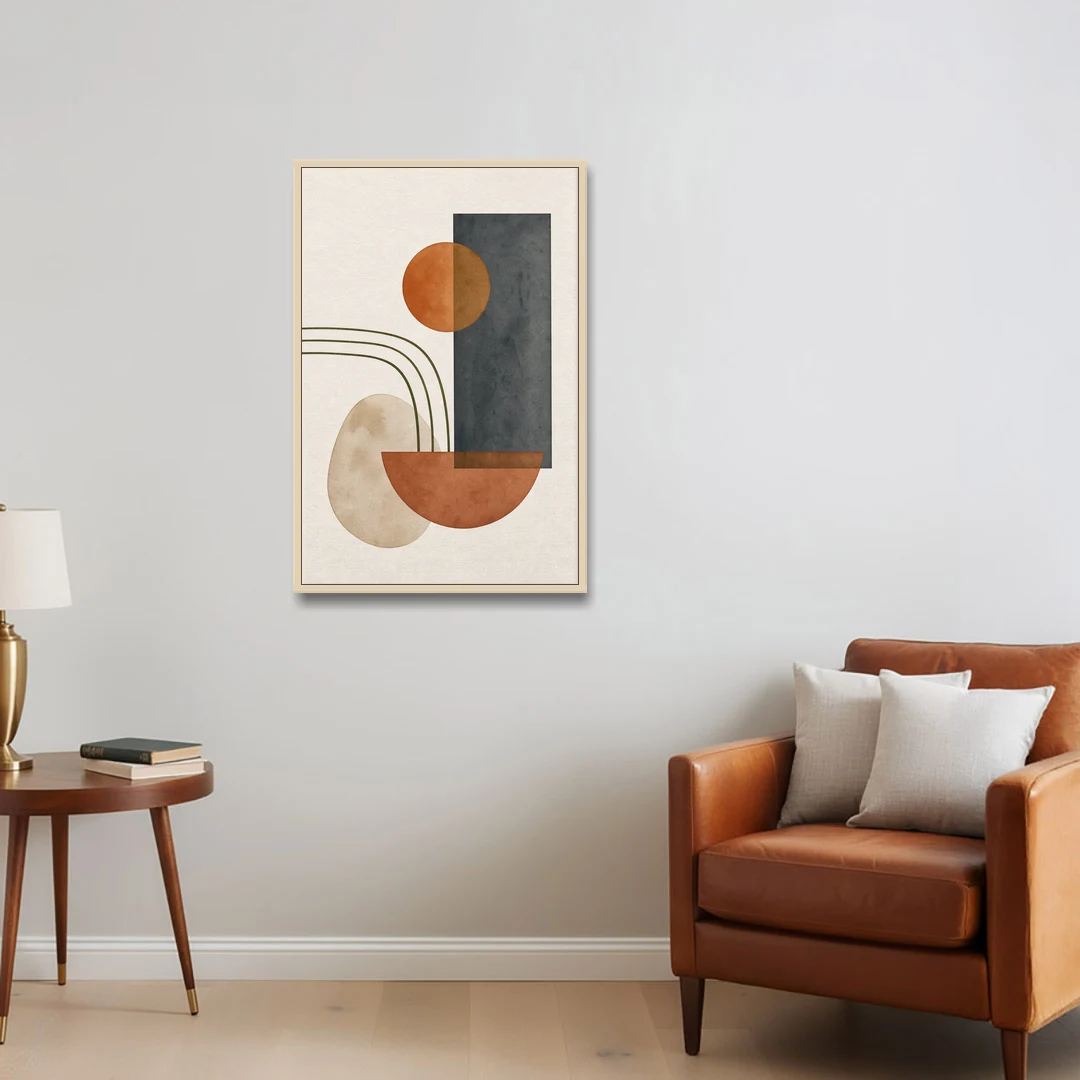 Mid Century Modern Abstract Painting with Slate Slab - Oak Framed Canvas Wall Art - Sofa - 24x36