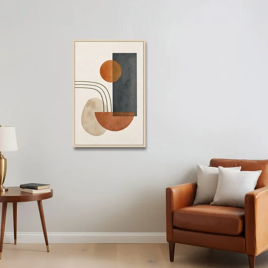Mid Century Modern Abstract Painting with Slate Slab - Oak Framed Canvas Wall Art - Sofa - 24x36
