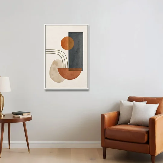 Mid Century Modern Abstract Painting with Slate Slab - White Framed Canvas Wall Art - Sofa - 24x36