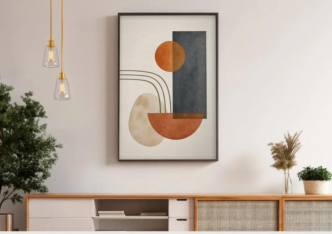 Mid Century Modern Abstract Painting with Slate Slab canvas wall art above a wooden sideboard under pendant lights