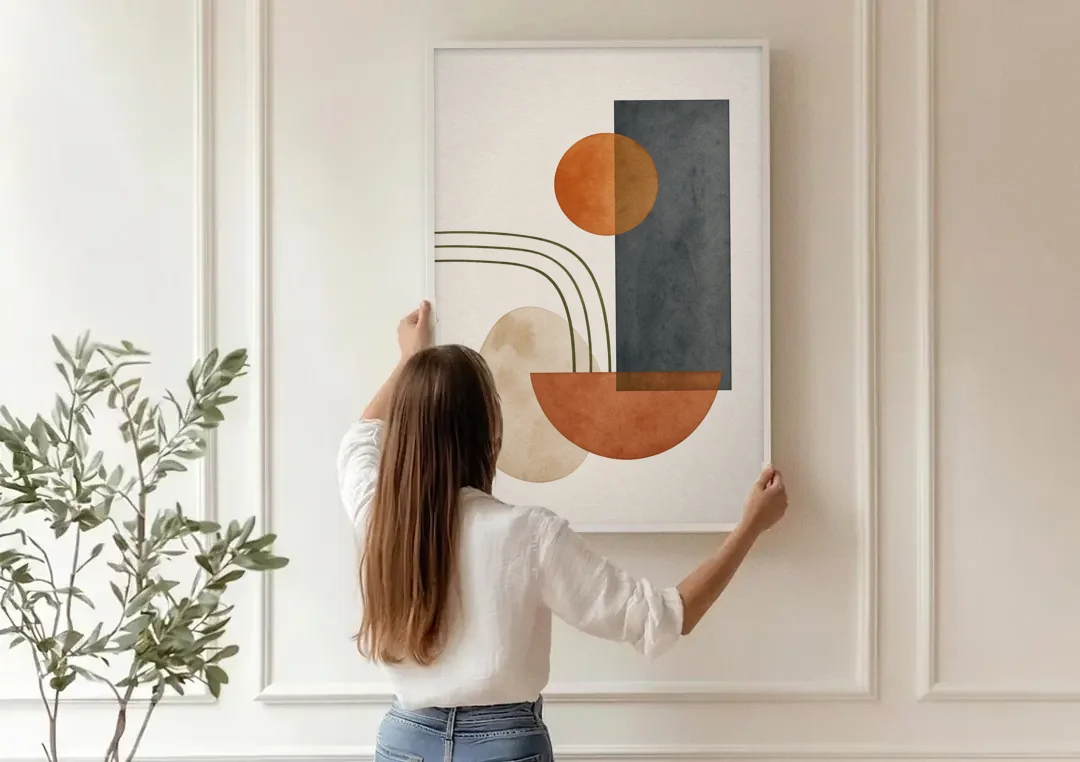 Mid Century Modern Abstract Painting with Slate Slab canvas wall art being hung on a paneled wall
