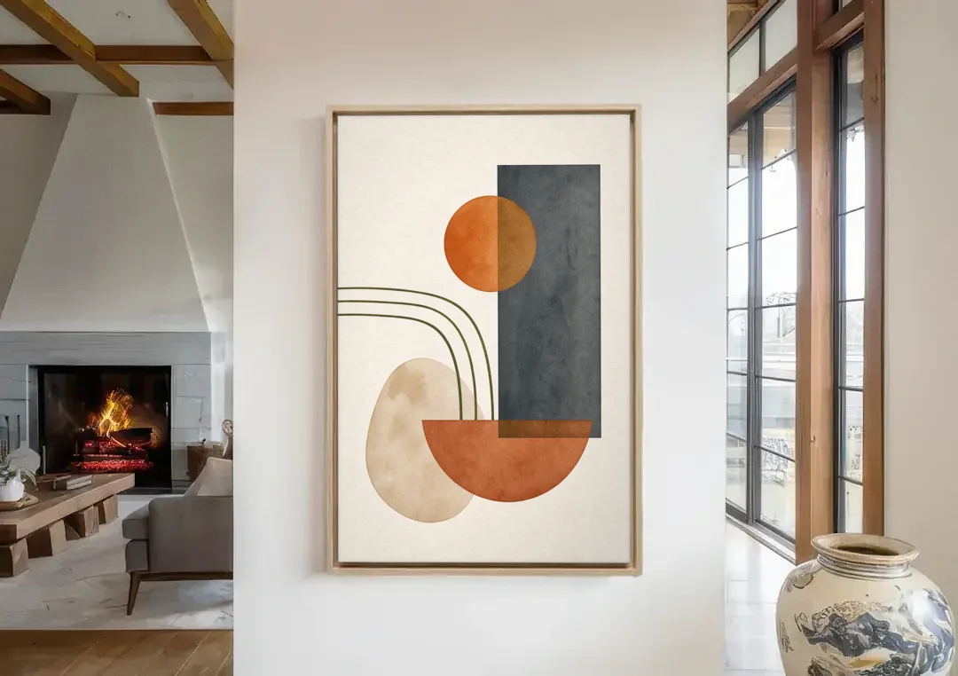 Mid Century Modern Abstract Painting with Slate Slab canvas wall art in a living room with a fireplace