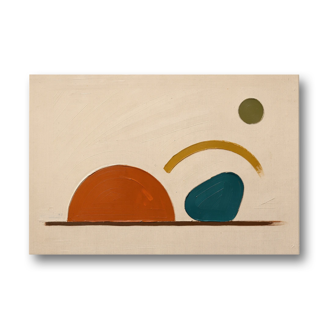 Mid Century Modern Art Half Circle With Teal Pebble - Canvas Wall Art - Front