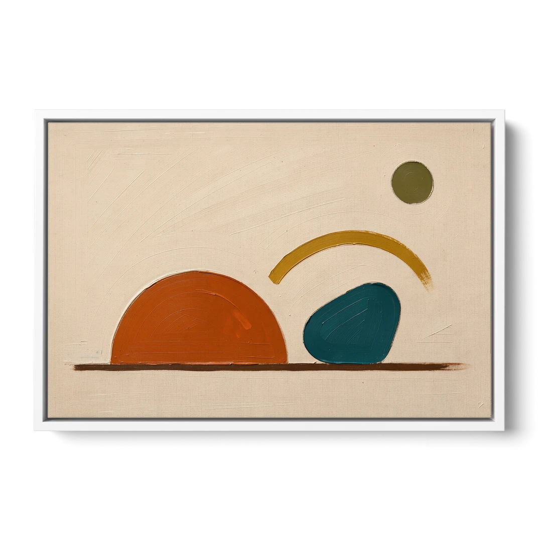 Mid Century Modern Art Half Circle With Teal Pebble - White Framed Canvas Wall Art - Front