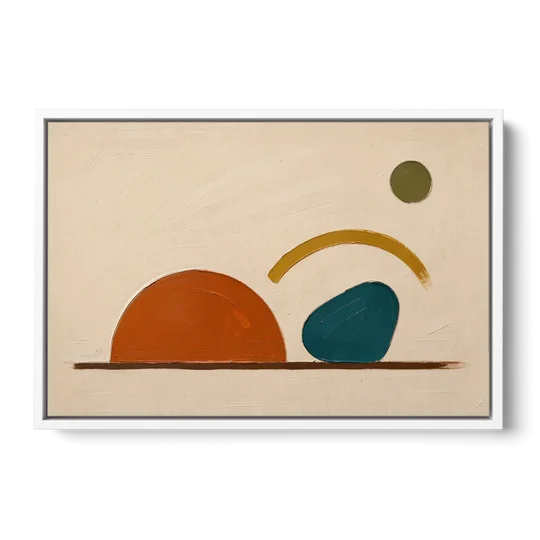 Mid Century Modern Art Half Circle With Teal Pebble - White Framed Canvas Wall Art - Front