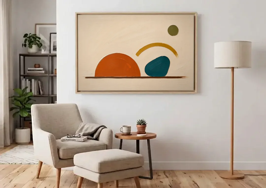 Mid Century Modern Art Half Circle With Teal Pebble canvas wall art above an armchair in a bright living room