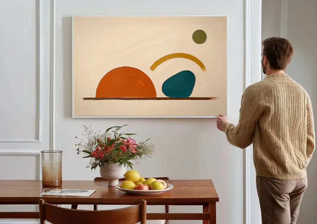Mid Century Modern Art Half Circle With Teal Pebble canvas wall art above a dining table