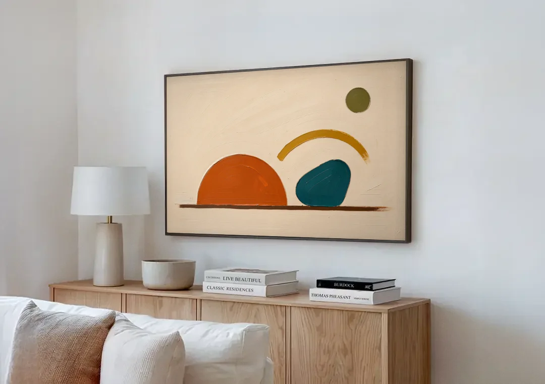 Mid Century Modern Art Half Circle With Teal Pebble canvas wall art above a wooden sideboard next to a sofa