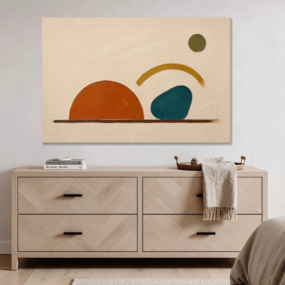 Mid Century Modern Art Half Circle With Teal Pebble - Canvas Wall Art - Coffee Table - 60x40