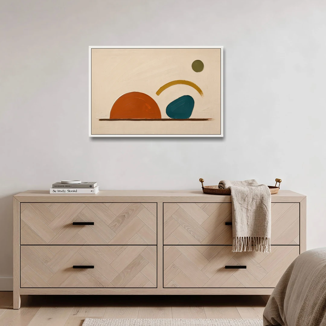 Mid Century Modern Art Half Circle With Teal Pebble - White Framed Canvas Wall Art - Coffee Table - 36x24