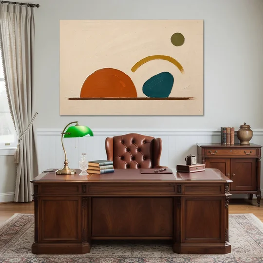 Mid Century Modern Art Half Circle With Teal Pebble - Canvas Wall Art - Office - 60x40
