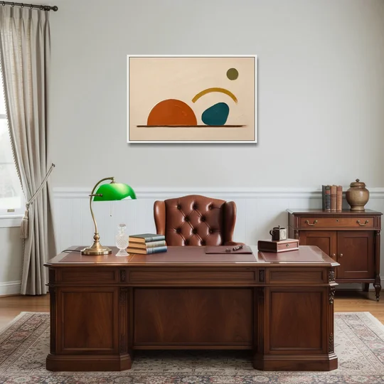 Mid Century Modern Art Half Circle With Teal Pebble - White Framed Canvas Wall Art - Office - 36x24