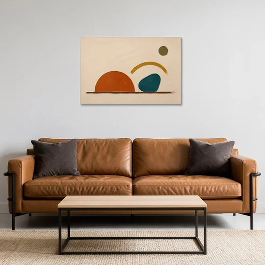 Mid Century Modern Art Half Circle With Teal Pebble - Canvas Wall Art - Sofa - 36x24