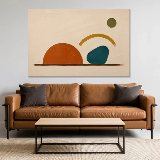 Mid Century Modern Art Half Circle With Teal Pebble - Canvas Wall Art - Sofa - 60x40