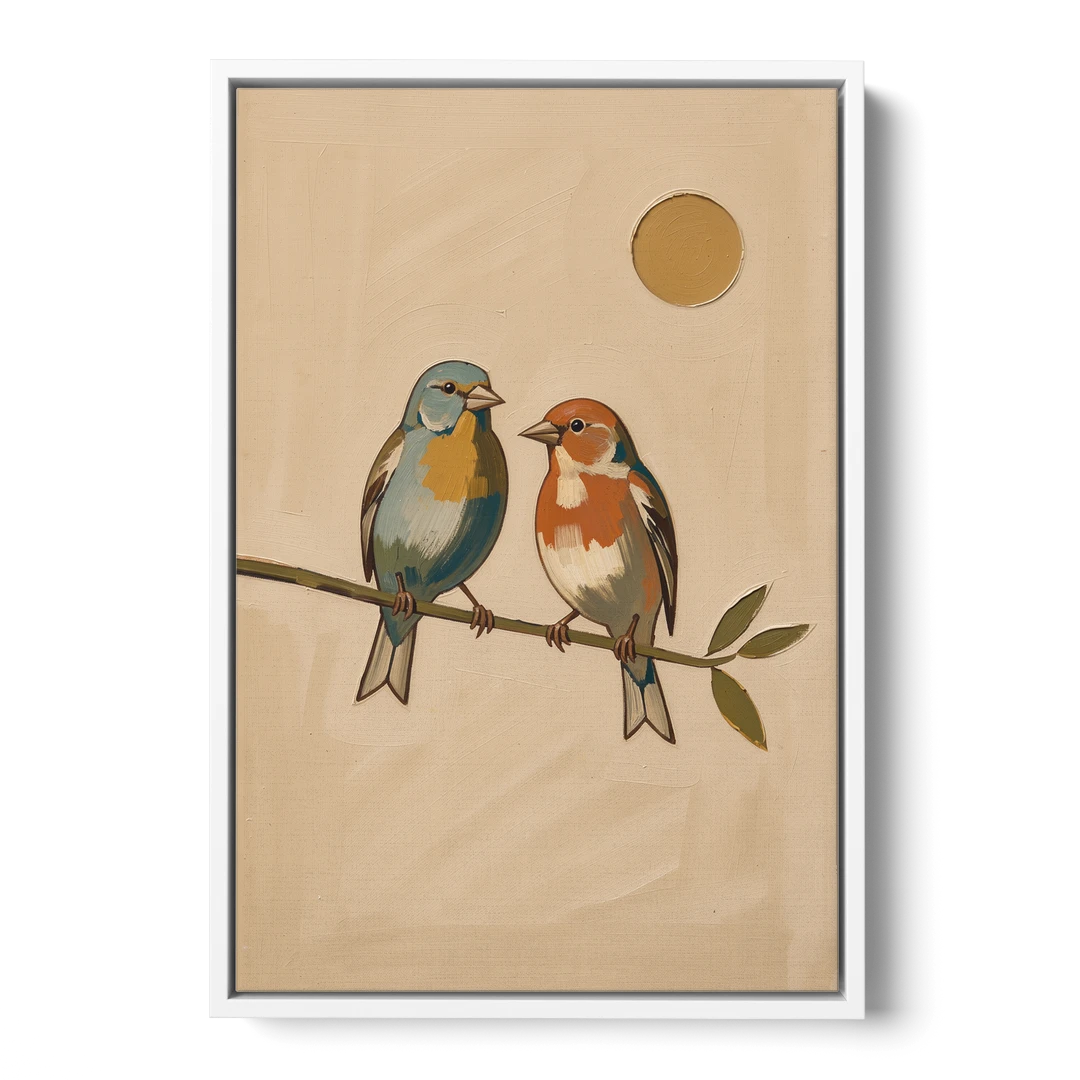 Mid Century Modern Art Prints with Two Songbirds - White Framed Canvas Wall Art - Front