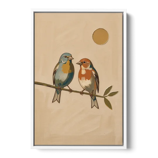 Mid Century Modern Art Prints with Two Songbirds - White Framed Canvas Wall Art - Front