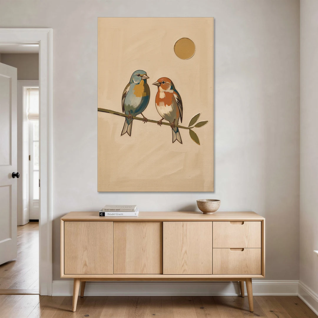 Mid Century Modern Art Prints with Two Songbirds - Canvas Wall Art - Coffee Table - 40x60