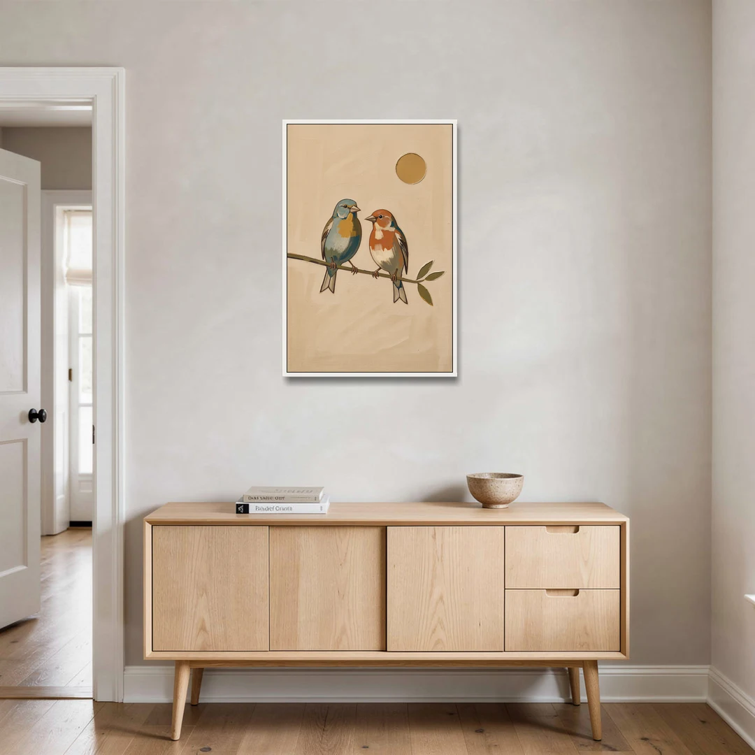 Mid Century Modern Art Prints with Two Songbirds - White Framed Canvas Wall Art - Coffee Table - 24x36