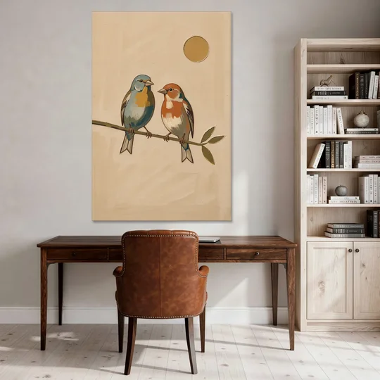 Mid Century Modern Art Prints with Two Songbirds - Canvas Wall Art - Office - 40x60