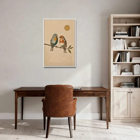 Mid Century Modern Art Prints with Two Songbirds - White Framed Canvas Wall Art - Office - 24x36
