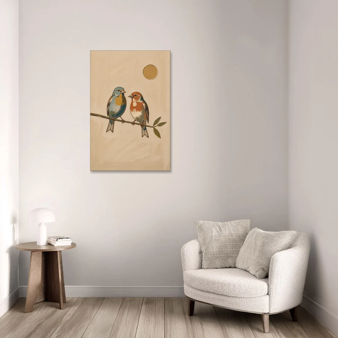 Mid Century Modern Art Prints with Two Songbirds - Canvas Wall Art - Sofa - 24x36