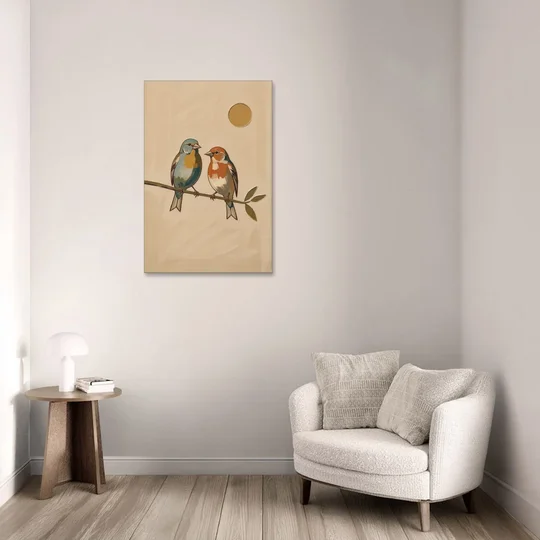 Mid Century Modern Art Prints with Two Songbirds - Canvas Wall Art - Sofa - 24x36