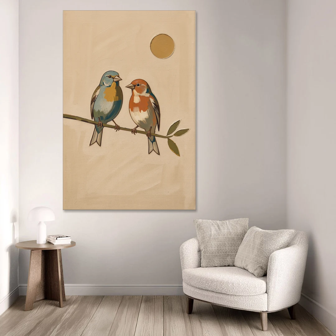 Mid Century Modern Art Prints with Two Songbirds - Canvas Wall Art - Sofa - 40x60