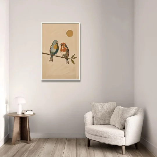 Mid Century Modern Art Prints with Two Songbirds - White Framed Canvas Wall Art - Sofa - 24x36
