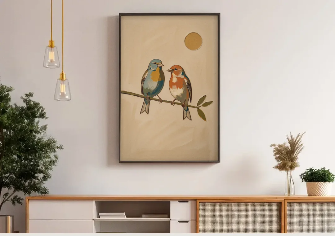 Mid Century Modern Art Prints with Two Songbirds canvas wall art above a wooden sideboard under pendant lights