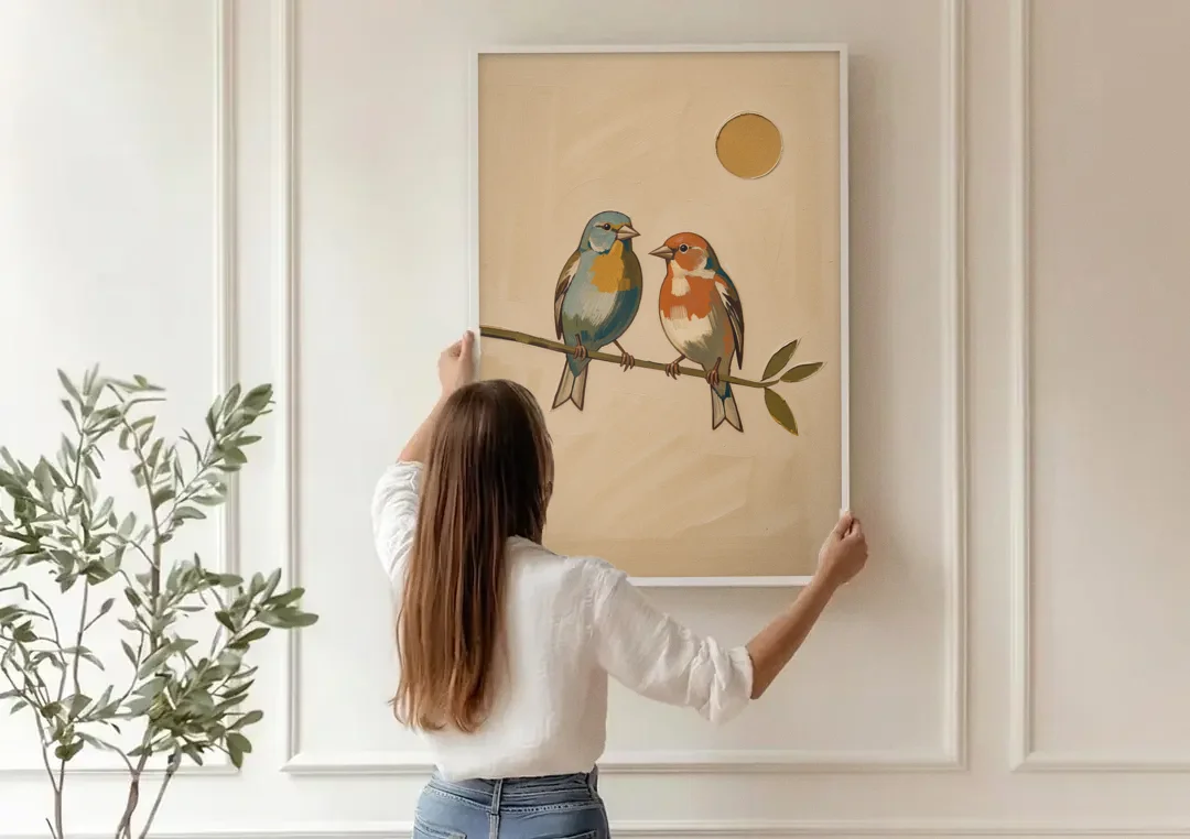 Mid Century Modern Art Prints with Two Songbirds canvas wall art being hung on a paneled wall