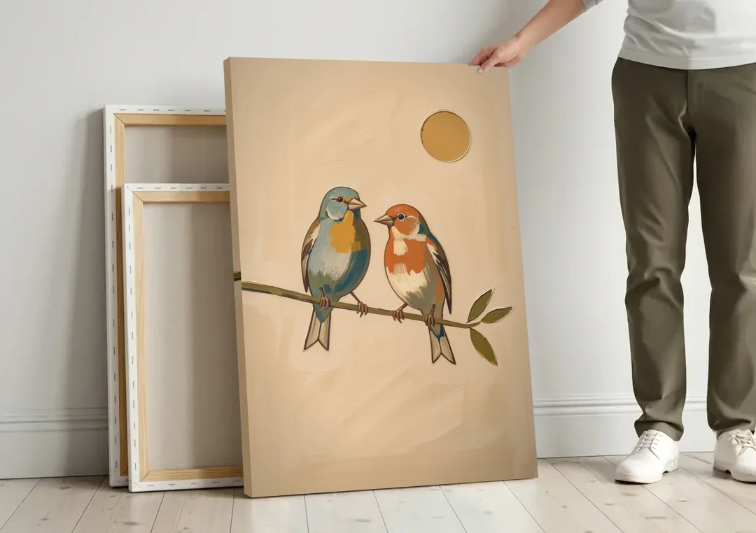Mid Century Modern Art Prints with Two Songbirds canvas wall art leaning against a wall next to blank canvases