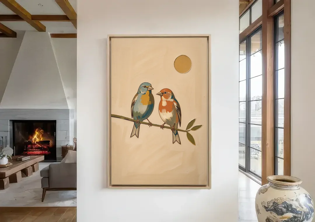 Mid Century Modern Art Prints with Two Songbirds canvas wall art in a living room with a fireplace