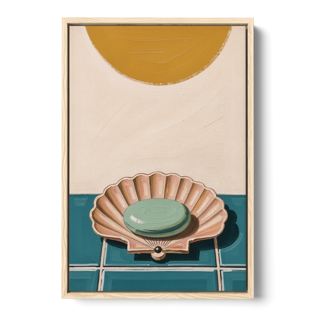 Mid Century Modern Bathroom Art Scallop Shell Soap Dish - Oak Framed Canvas Wall Art - Front