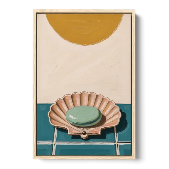 Mid Century Modern Bathroom Art Scallop Shell Soap Dish - Oak Framed Canvas Wall Art - Front