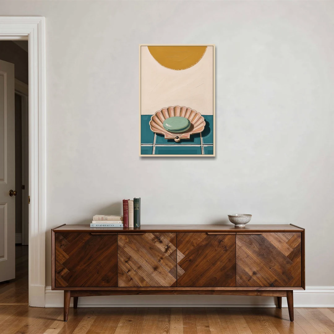 Mid Century Modern Bathroom Art Scallop Shell Soap Dish - Oak Framed Canvas Wall Art - Coffee Table - 24x36