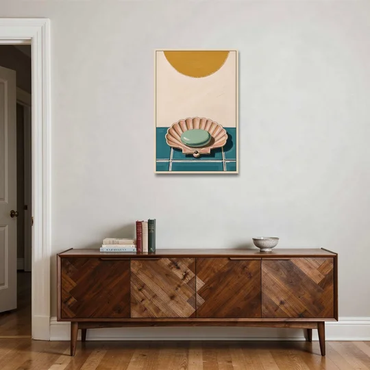 Mid Century Modern Bathroom Art Scallop Shell Soap Dish - Oak Framed Canvas Wall Art - Coffee Table - 24x36