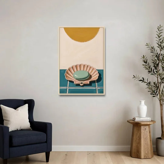 Mid Century Modern Bathroom Art Scallop Shell Soap Dish - Oak Framed Canvas Wall Art - Sofa - 24x36