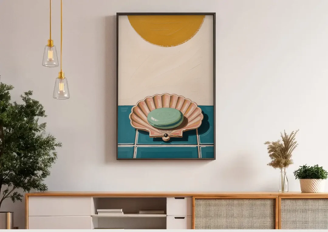 Mid Century Modern Bathroom Art Scallop Shell Soap Dish canvas wall art above a wooden sideboard under pendant lights
