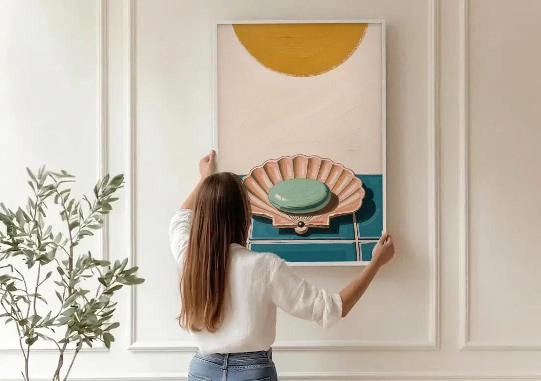 Mid Century Modern Bathroom Art Scallop Shell Soap Dish canvas wall art being hung on a paneled wall