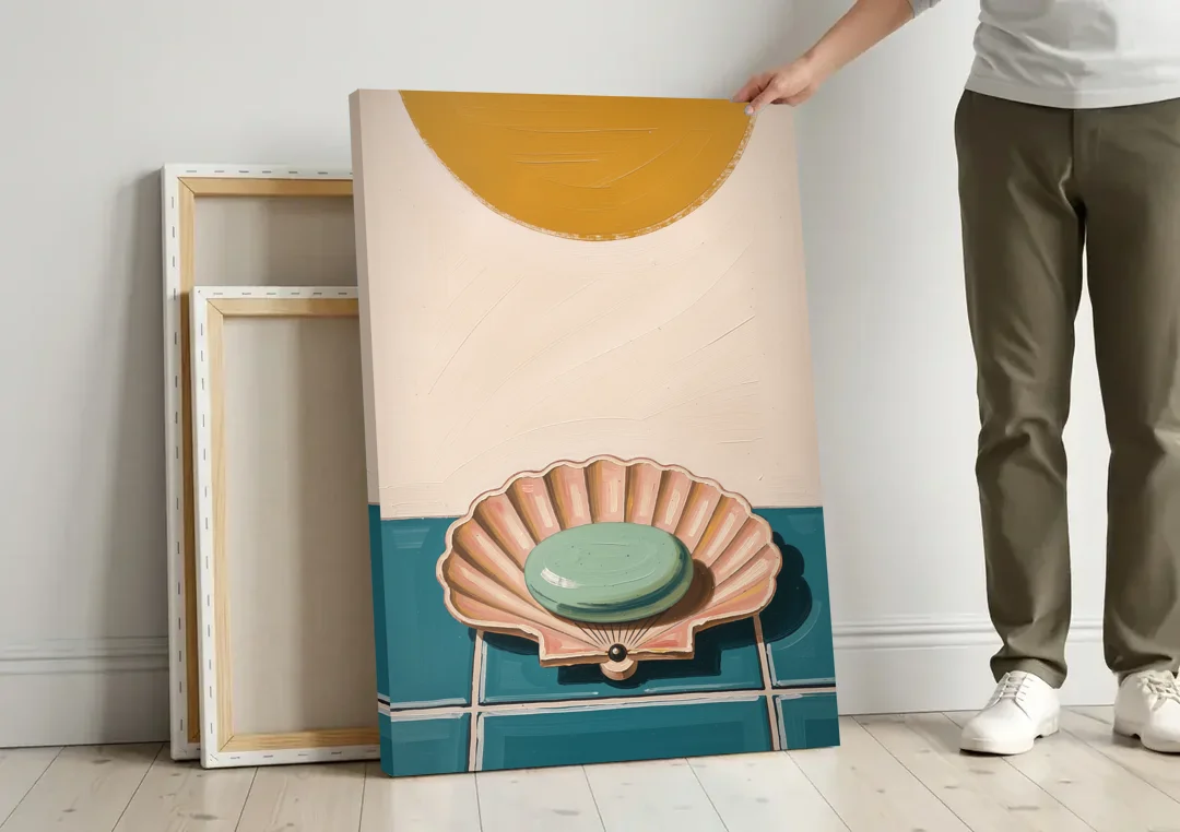 Mid Century Modern Bathroom Art Scallop Shell Soap Dish canvas wall art leaning against a wall next to blank canvases