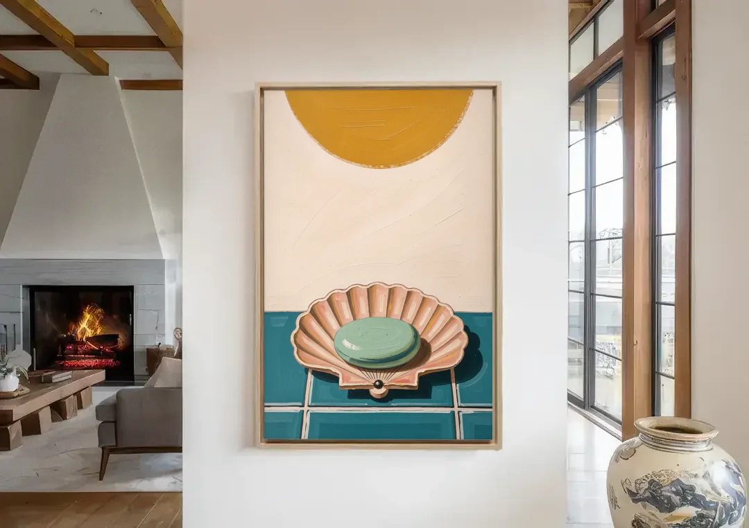 Mid Century Modern Bathroom Art Scallop Shell Soap Dish canvas wall art in a living room with a fireplace