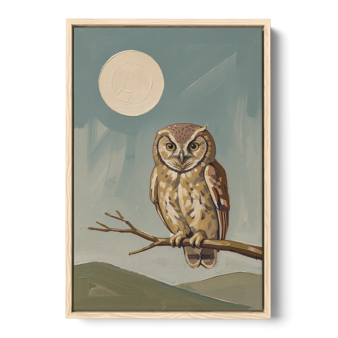 Mid Century Modern Gallery Wall Owl Under the Moon - Oak Framed Canvas Wall Art - Front