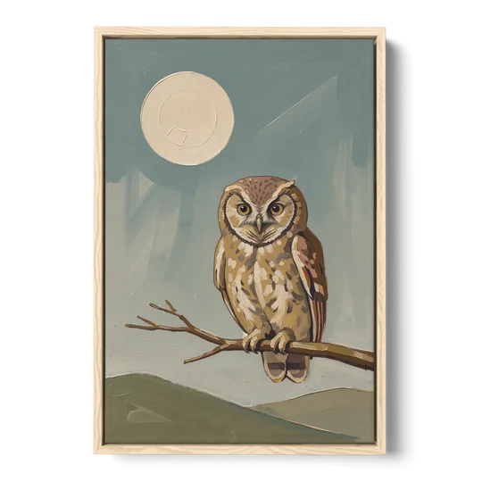 Mid Century Modern Gallery Wall Owl Under the Moon - Oak Framed Canvas Wall Art - Front